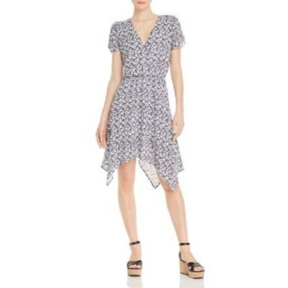 Aqua Floral Print Dress faux Wrap Wrap Midi Dress Crepe Black White SZ M NWT
